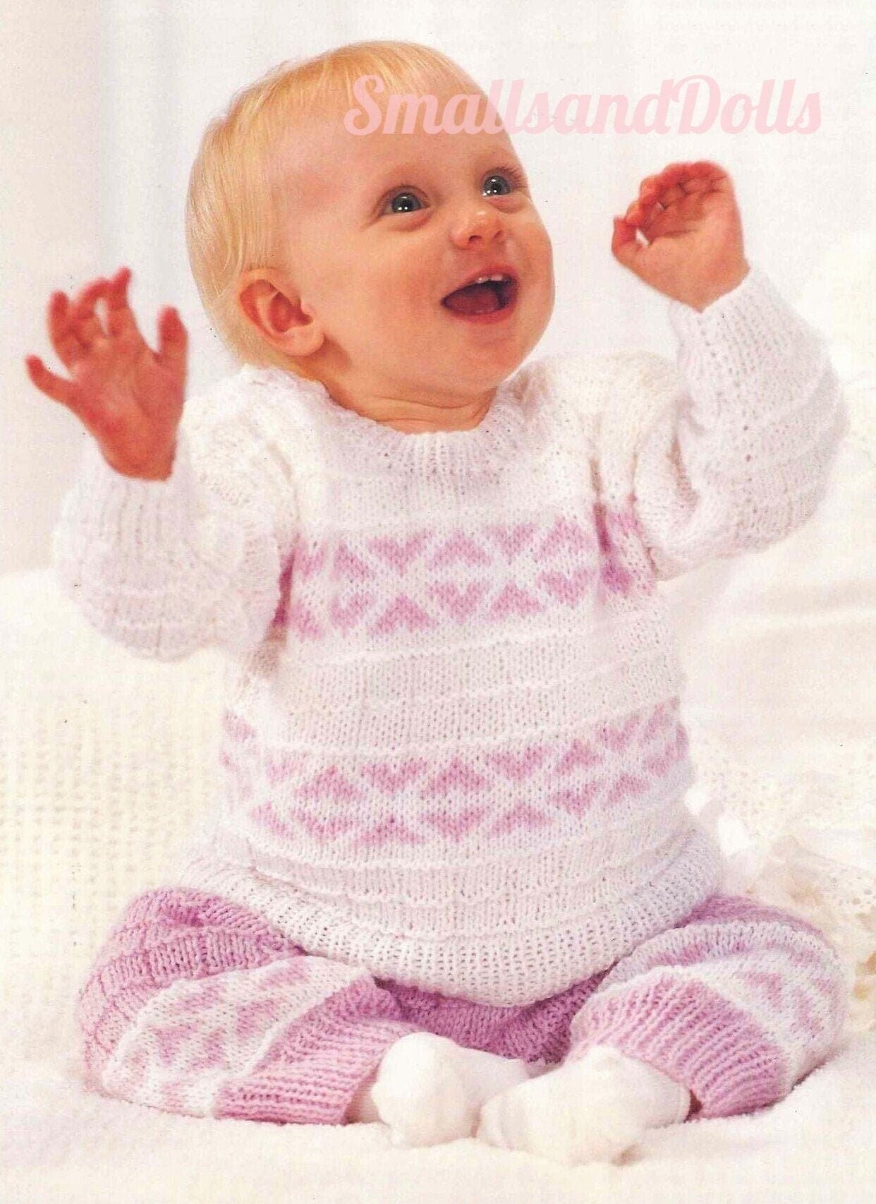 Vintage Knitting Pattern Baby Girl Toddler Sweater Trousers Pants Set PDF Instant Digital Download Fair Isle Hearts 9m-2 yrs DK 8 Ply