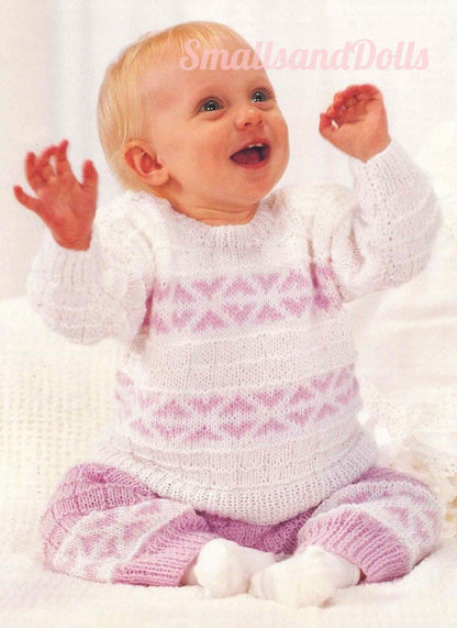 Vintage Knitting Pattern Baby Girl Toddler Sweater Trousers Pants Set PDF Instant Digital Download Fair Isle Hearts 9m-2 yrs DK 8 Ply