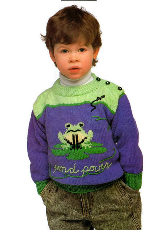 Vintage Knitting Pattern Baby Toddler Frog Sweater PDF Instant Digital Download Animal Pullover Jumper Lily Pad Motif 1-4 yrs 5 Ply
