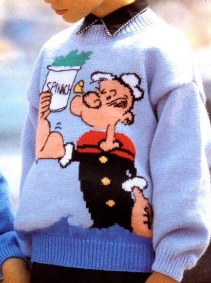 Vintage Knitting Pattern Childs Kids Popeye the Sailor Man Sweater PDF Instant Digital Download Pullover Jumper Boys Teens 6-14 Yrs 10 Ply