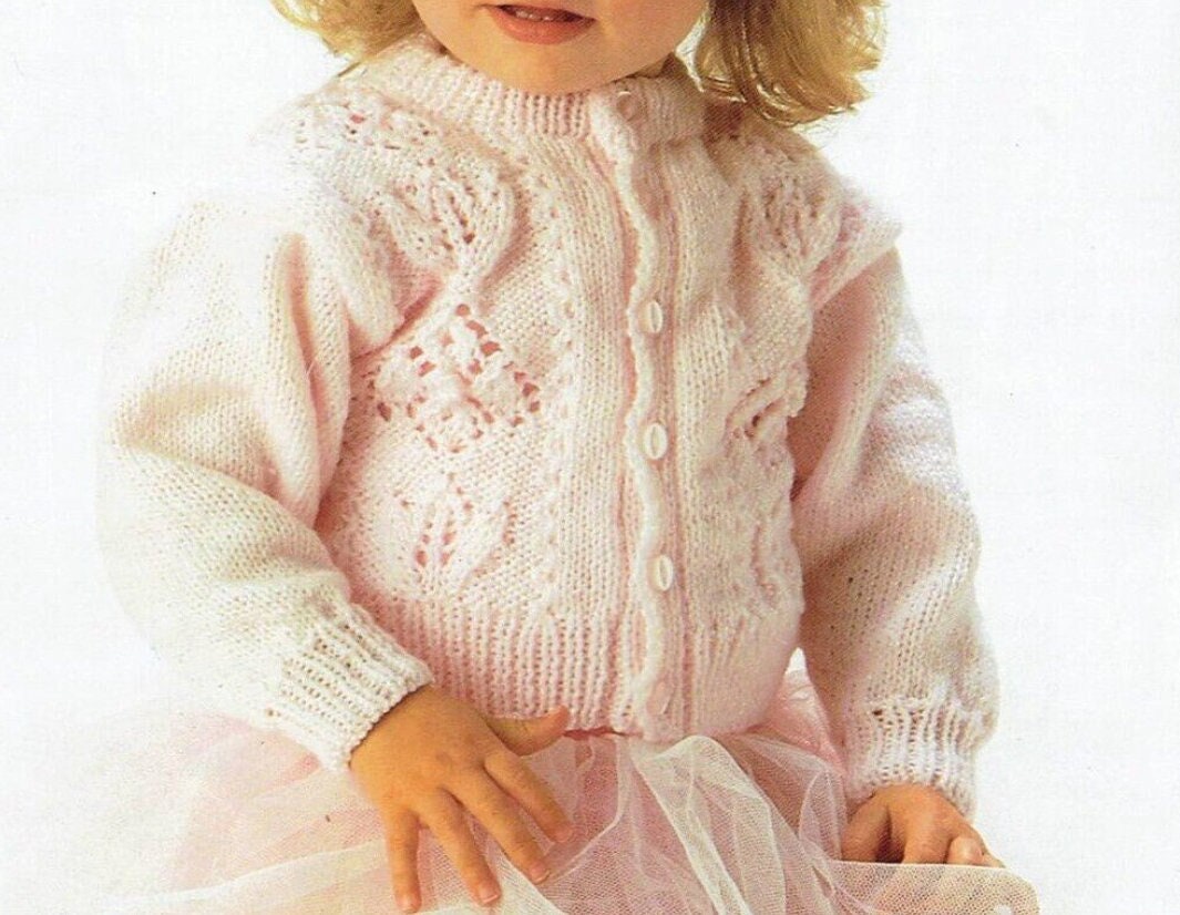 Vintage Knitting Pattern Baby Toddler Flower Diamond Panel Cardigan Sweater PDF Instant Digital Download 6m -4 yrs DK 8 Ply