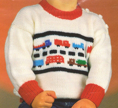 Vintage Knitting Pattern Toddler Boys Knit Vehicles Pullover Sweater Cars Trucks Traffic PDF Instant Digital Download 18m - 4 yrs DK 8 Ply
