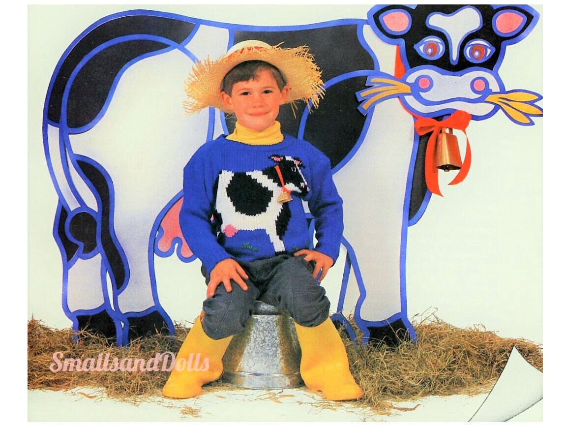 Vintage Knitting Pattern Knit Childs Cow Motif Sweater PDF Instant Digital Download  Boys Girls Farm Animal Pullover Jumper 6-10 yrs 5 Ply