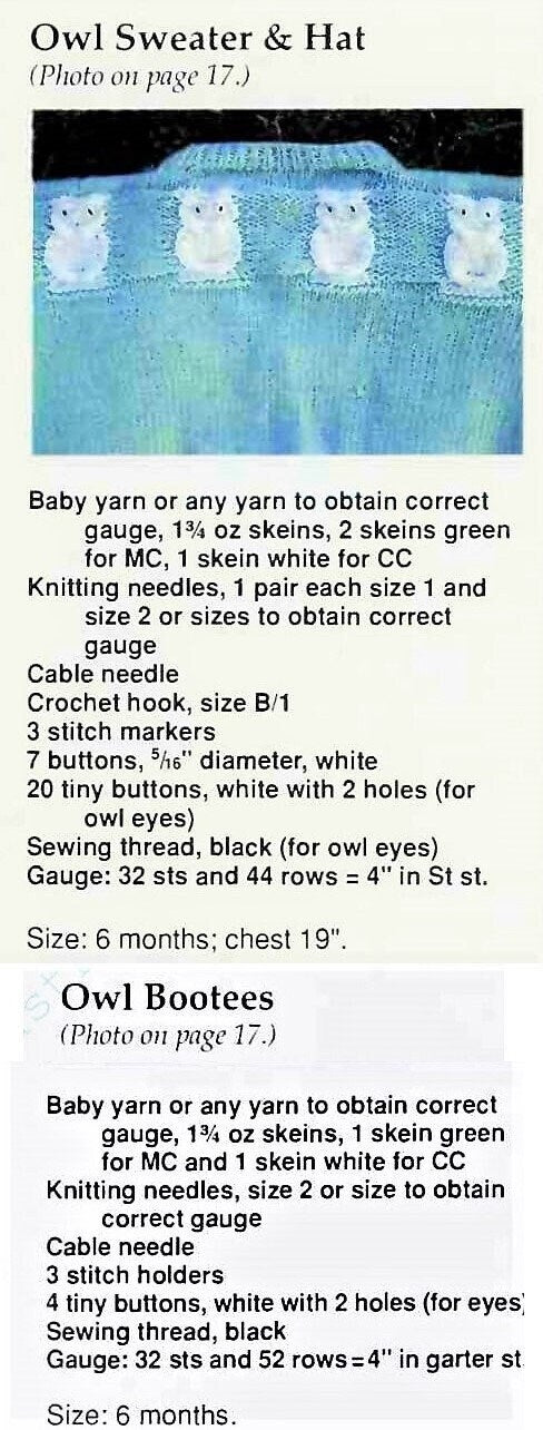 Vintage Knitting Pattern Baby Owl Cardigan Sweater Hat Booties Set PDF Instant Digital Download 6-12 m 4 Ply