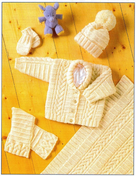 Vintage Knitting Pattern Baby Aran Jacket Hat Mittens Scarf Blanket Set Braided Cable PDF Instant Digital Download Preemie - 2 yrs 10 Ply