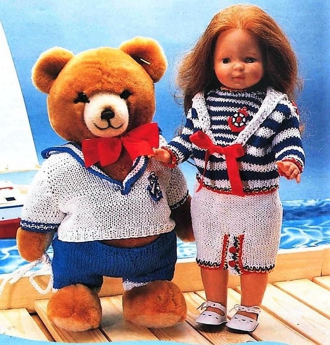 Vintage Knitting Pattern Doll Sailor Dress Teddy Bear Sailor Suit Nautical Outfits Clothes PDF Instant Digital Download 18-19 Inch DK 8 Ply