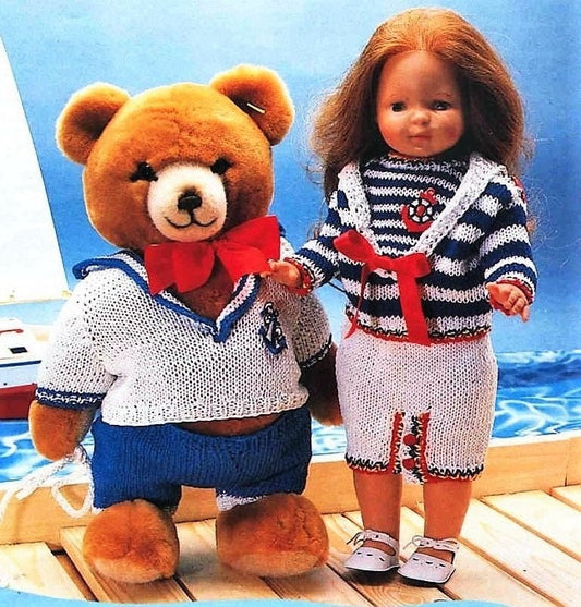Vintage Knitting Pattern Doll Sailor Dress Teddy Bear Sailor Suit Nautical Outfits Clothes PDF Instant Digital Download 18-19 Inch DK 8 Ply