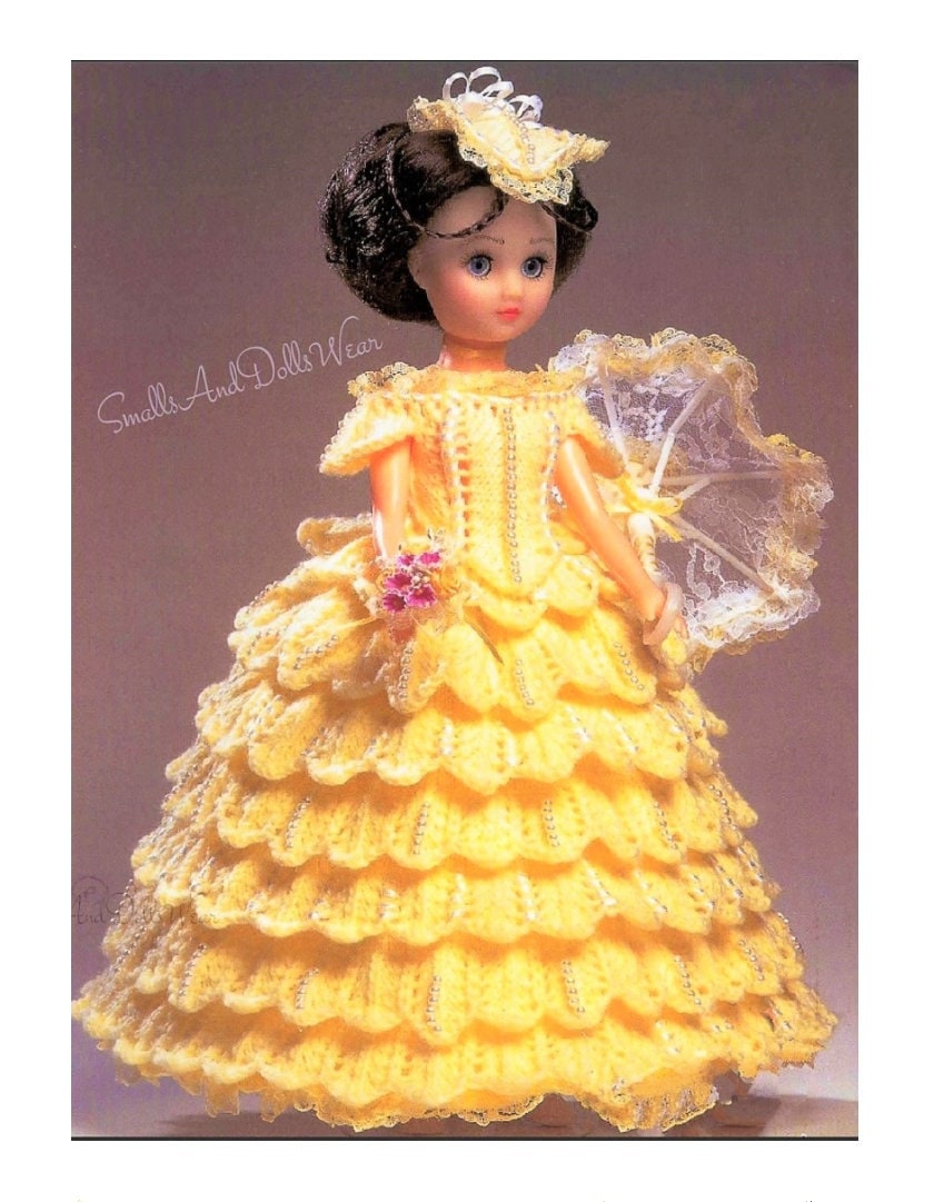 Vintage Knitting Pattern Knit Ruffled Tiered Victorian Fancy Period Dress Outfit for 15 Inch Dolls Instant Digital Download DK 8 Ply