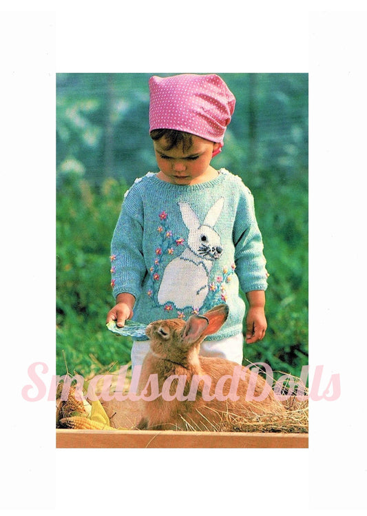 Vintage Knitting Pattern Baby Toddler Girl Bunny Rabbit Sweater PDF Instant Digital Download Easter Flowers Jumper 12m-18m