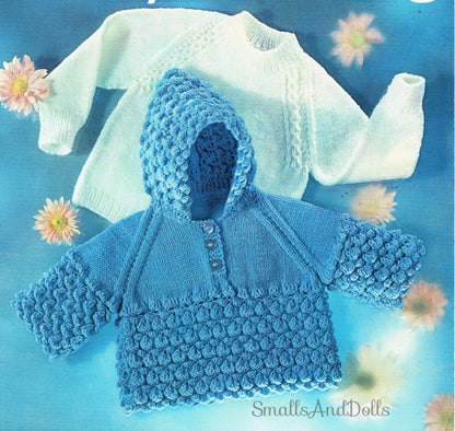Vintage Knitting Pattern Baby Hooded Cluster Sweater Raglan Cable Pullover Set PDF Instant Digital Download 6m -2 yrs DK 8 Ply