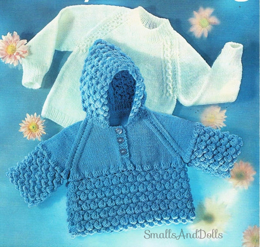 Vintage Knitting Pattern Baby Hooded Cluster Sweater Raglan Cable Pullover Set PDF Instant Digital Download 6m -2 yrs DK 8 Ply
