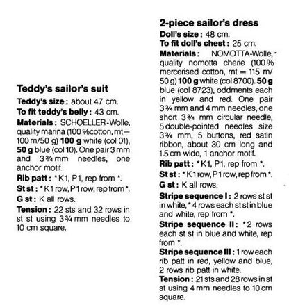 Vintage Knitting Pattern Doll Sailor Dress Teddy Bear Sailor Suit Nautical Outfits Clothes PDF Instant Digital Download 18-19 Inch DK 8 Ply