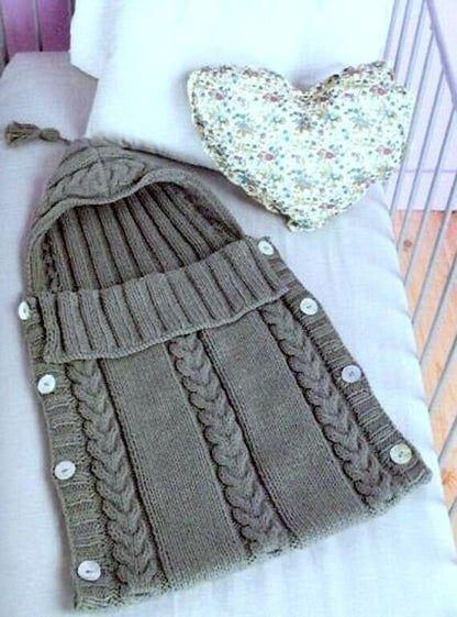 Vintage Knitting Pattern Baby Bunting Cable Knit Sleeping Bag with Hood PDF Instant Digital Download Aran 10 Ply