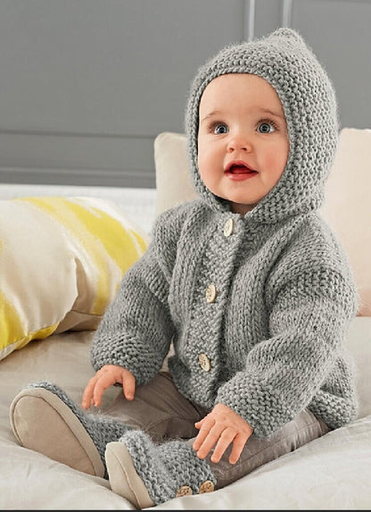 Vintage Knitting Pattern Baby Pixie Hoodie Hooded Jacket & Booties Set Chunky Easy Knit PDF Instant Digital Download 3-24m 12 Ply
