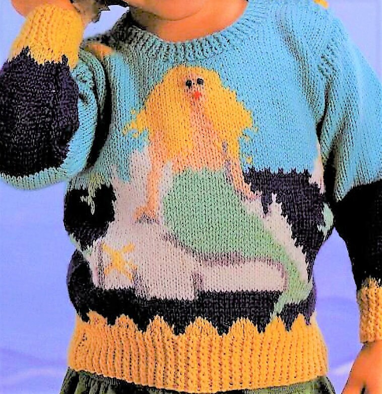 Vintage Knitting Pattern Childs Kids The Little Mermaid Sweater PDF Instant Digital Download Pullover Jumpers 4-9 yrs DK 8 Ply