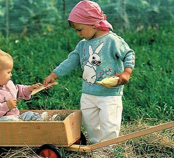 Vintage Knitting Pattern Baby Toddler Girl Bunny Rabbit Sweater PDF Instant Digital Download Easter Flowers Jumper 12m-18m