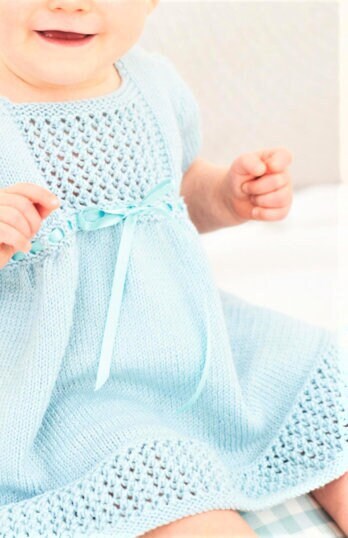 Vintage Knitting Pattern Knit Baby To Toddler Girl Eyelet Stitch Ribbon Dress Instant PDF Digital Download 6-24 Months 4 Ply