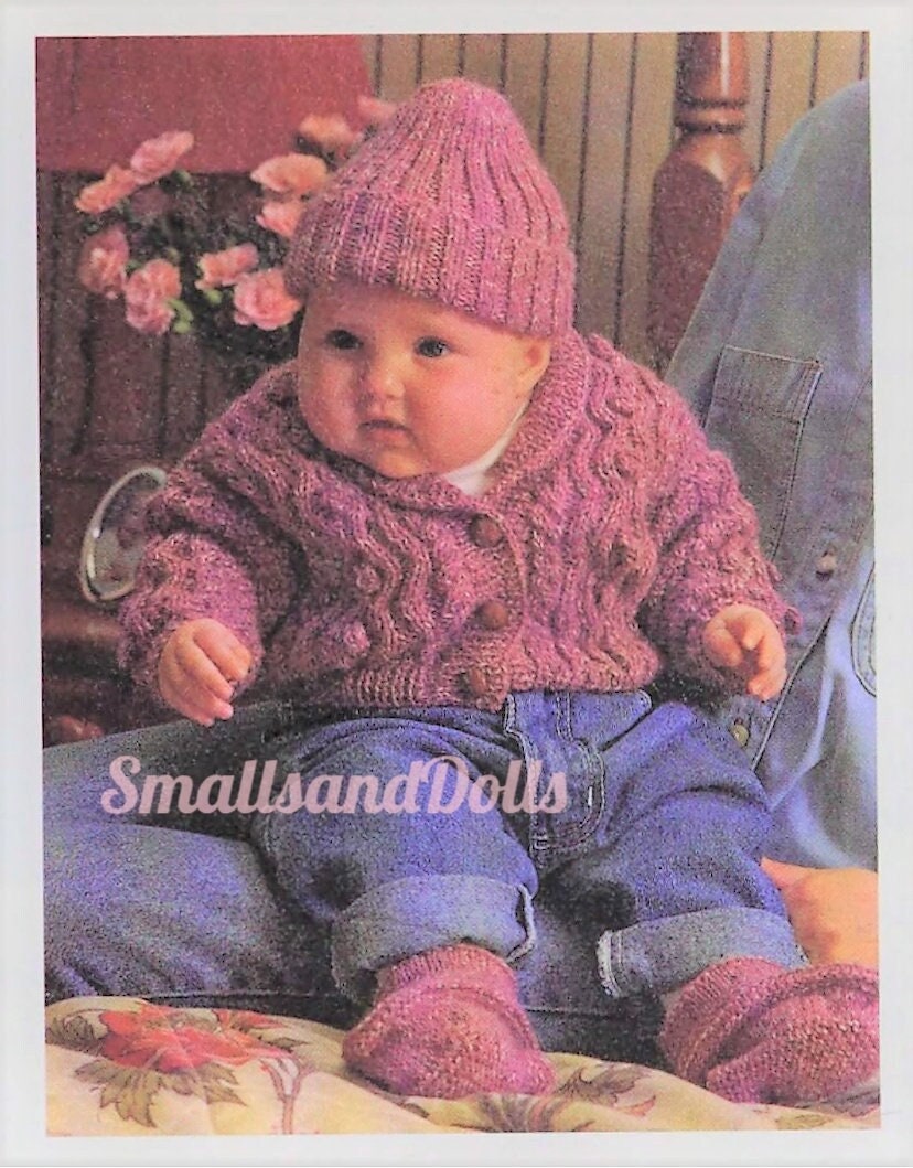 Vintage Knitting Pattern Knit Baby Aran Cardigan Sweater Hat Shoes Set PDF Instant Digital Download Bobble Cables 0-9m DK