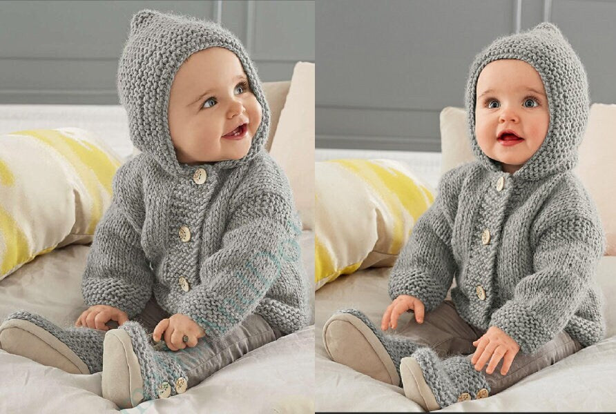 Vintage Knitting Pattern Baby Pixie Hoodie Hooded Jacket & Booties Set Chunky Easy Knit PDF Instant Digital Download 3-24m 12 Ply