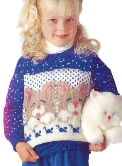 Vintage Knitting Pattern Child Girls Sleepy Kitty Cats Pullover Sweater PDF Instant Digital Download Animal Jumper Fair Isle 4 6 8 Yrs 5 Ply