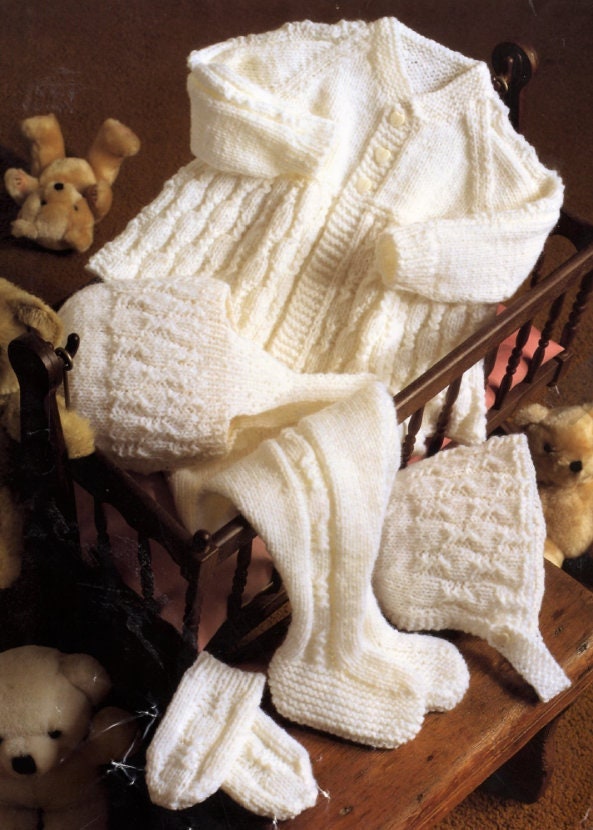 Vintage Knitting Pattern Knit Baby Matinee Coat Leggings Bonnet Helmet Mitts Set PDF Instant Digital Download 0-9m DK