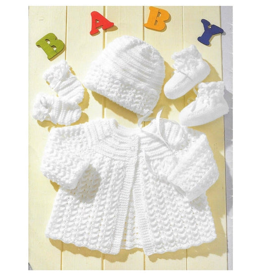 Vintage Knitting Pattern Knit Baby 4 Pc Classic Set Matinee Jacket Coat Hat Mittens Booties PDF Instant Digital Download Preemie - 18m 8 Ply