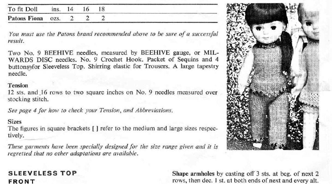 Vintage Knitting Pattern Doll Clothes Fancy Dress Set Pantsuit Pant Suit for 14 16 18 Inch Dolls PDF Instant Digital Download 4 Ply