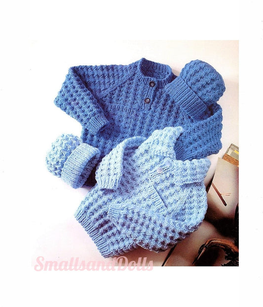 Vintage Knitting Pattern Boys Waffle Knit Sweaters and Hat Sets PDF Instant Digital Download 2-9 Yrs Chunky 12 Ply