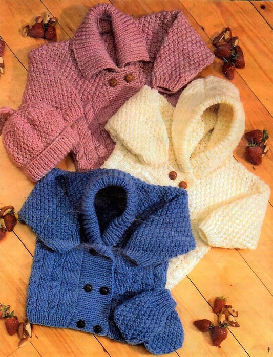 Vintage Knitting Pattern Baby Toddler Aran Cardigan Sweater Hat Mitts Set Moss Stitch Double Breasted PDF Instant Digital Download 0 - 4 yrs