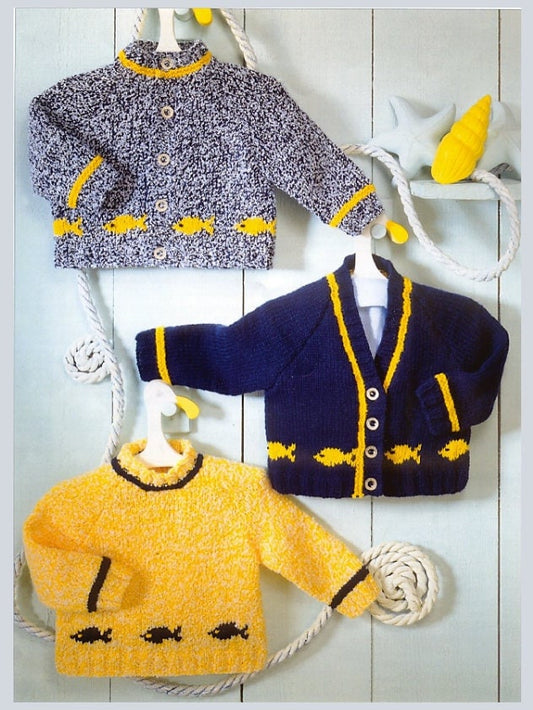 Vintage Knitting Pattern Knit Baby Boys Girls Fish Motif Cardigan & Pullover Sweaters PDF Instant Digital Download Birth - 6 Yrs DK 8 Ply