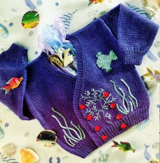 Vintage Knitting Pattern Toddler Boys Fish Sealife Cardigan Sweater PDF Instant Digital Download 18m - 6 Years Aquarium Jumper 5 Ply