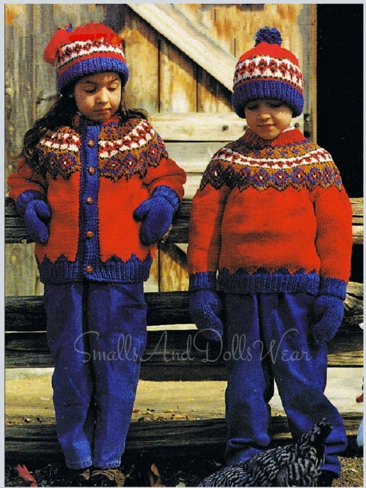 Vintage Knitting Pattern Toddler & Big Kids Chunky Sweater Hat Mitts Sets Country Brights FairIsle PDF Instant Digital Download  9m-12 yrs