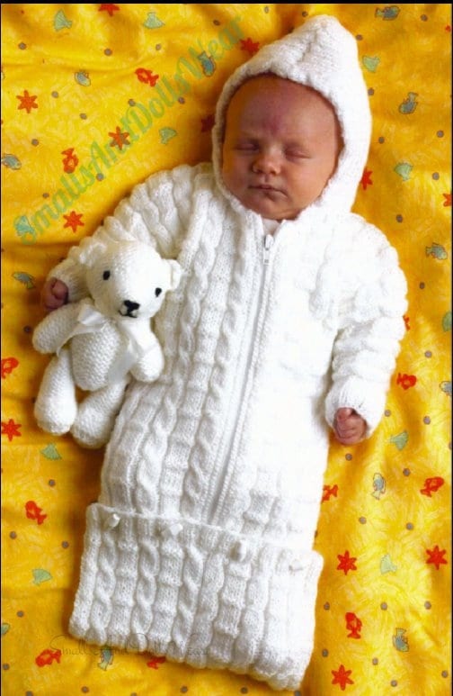 Vintage Knitting Pattern Preemie Newborn Baby Bunting Cable Knit Sleeping Bag with Hood PDF Instant Digital Download DK 8 Ply + Sweaters