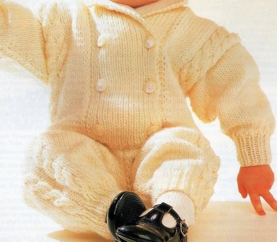 Vintage Knitting Pattern Baby Toddler Aran All In One Jumper Romper PDF Instant Digital Download Double Breasted Playsuit 0-2 years 10 Ply