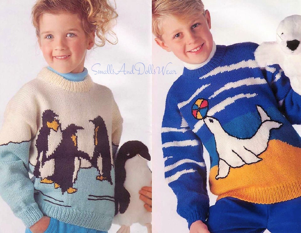 Vintage Knitting Pattern Kids Childs Penguin and Seal Pullover Sweaters PDF Instant Digital Download Boys Girls Animal Jumpers 4-8 yrs 5 Ply