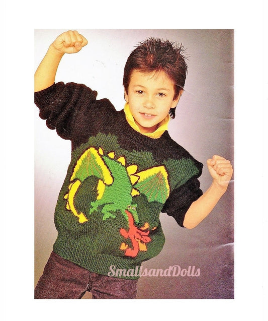 Vintage Knitting Pattern Childs Boys Dragon Sweater PDF Instant Digital Download Fantasy Animal Motif Pullover Jumper 4-12 years 10 Ply
