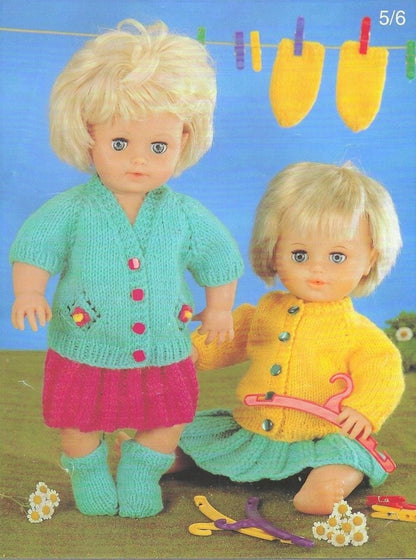 Vintage Knitting Pattern Doll Clothes Pretty Cardigan Sweater Skirt Outfits 12-14 15-18 19-22 Inch Dolls PDF Instant Digital Download 8 Ply