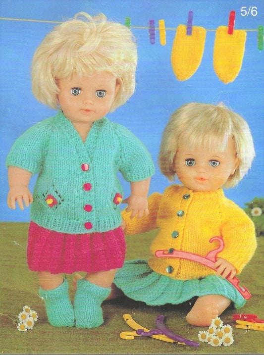 Vintage Knitting Pattern Doll Clothes Pretty Cardigan Sweater Skirt Outfits 12-14 15-18 19-22 Inch Dolls PDF Instant Digital Download 8 Ply