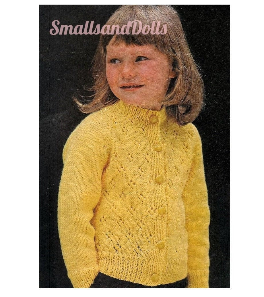 Vintage Knitting Pattern Childs Eyelet Diamonds Cardigan Sweater Top PDF Instant Digital Download Kids Jumper 2-8 yrs 4 Ply 8 Ply