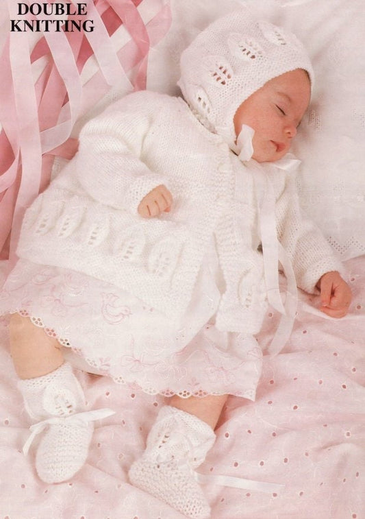 Vintage Knitting Pattern Knit Baby Matinee Coat Bonnet Booties Leaf Motif Set PDF Instant Digital Download 6-18m 8 Ply