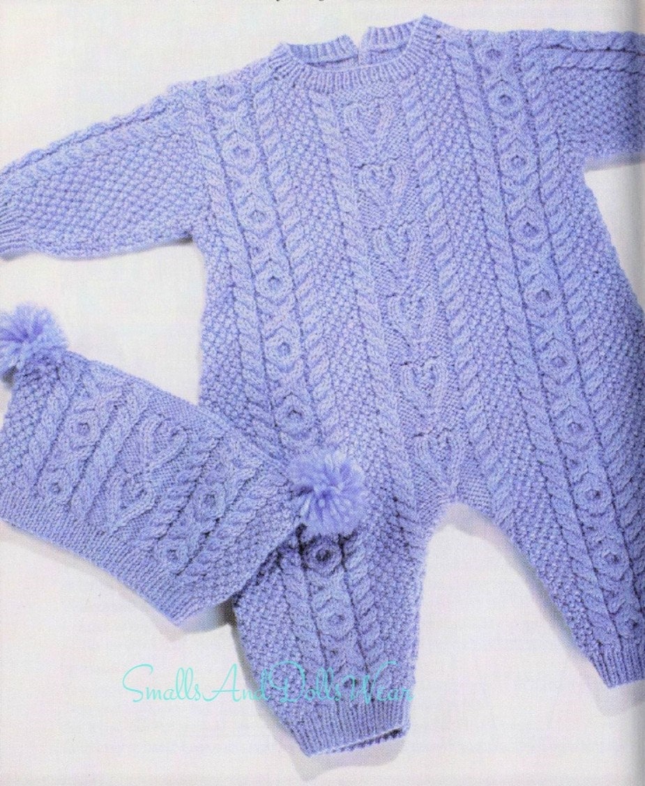 Vintage Knitting Pattern Baby Cable Knit All In One Aran Romper Pom Pom Hat Set Instant PDF Digital Download Cabled XOXO Hearts 6m - 2 yrs