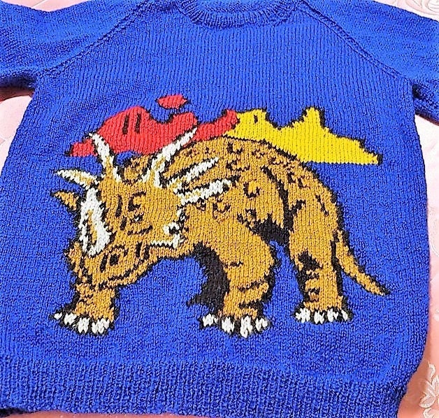 Vintage Knitting Pattern Boys to Mens Knit Dinosaur Sweaters PDF Instant Digital Download Intarsia Pullover Jumpers 4 Years and Up 4 Ply