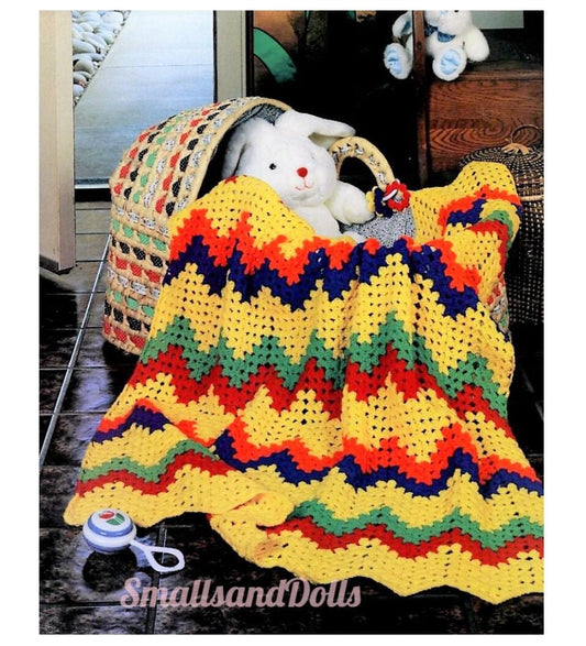 Vintage Crochet Pattern Baby Ripple Afghan Blanket PDF Instant Digital Download Zig Zag Chevron Bright Colors Crib Cover 5 Ply