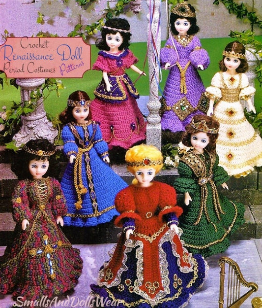 Vintage Crochet Patterns Romantic Renaissance Doll Dress Outfits Period Costumes 15 Inch Fashion Dolls PDF Instant Digital Download 10 Ply