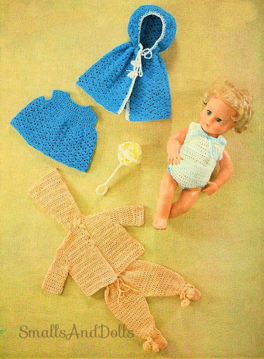 Vintage Crochet Pattern Doll Clothes for 14 and 16 Inch Baby Dolls 6 Pcs PDF Instant Digital Download Cape Dress Vest Pants Leggings 4 Ply