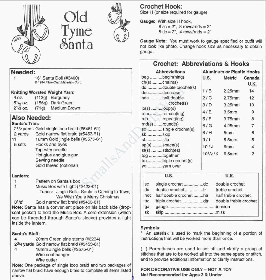 Vintage Crochet Pattern 16" Old Time Santa Claus Doll Old World Christmas Kris Kringle Toga PDF Instant Digital Download 10 Ply