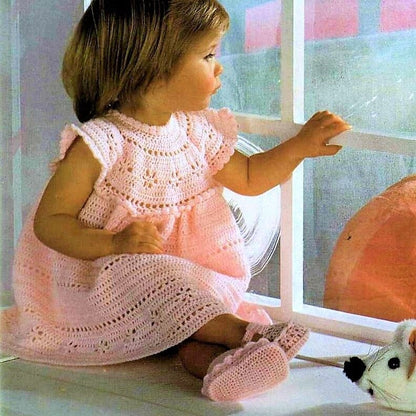 Vintage Crochet Pattern Baby Toddler Girl Pretty Lacy Openwork Flower Dress and Shoes Set PDF Instant Digital Download 6m to 2 Years 3 Ply