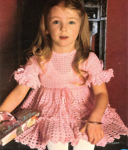 Vintage Crochet Pattern Girls Pretty Lacy Frilly Feminine Party Dress PDF Instant Digital Download Ruffle Cap Sleeves 2-7 years 3 Ply