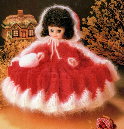 Vintage Crochet Pattern 13" Christmas Bed Doll Cape Angora Trimmed Dress Little Red Riding Hood Bed Doll PDF Instant Digital Download 10 Ply
