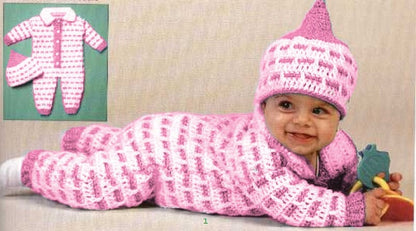 Vintage Crochet Pattern Baby Boy or Girl Playsuit & Hat Set PDF Instant Digital Download Dashed Stripes Long Romper 6 and 18 Months 5 Ply
